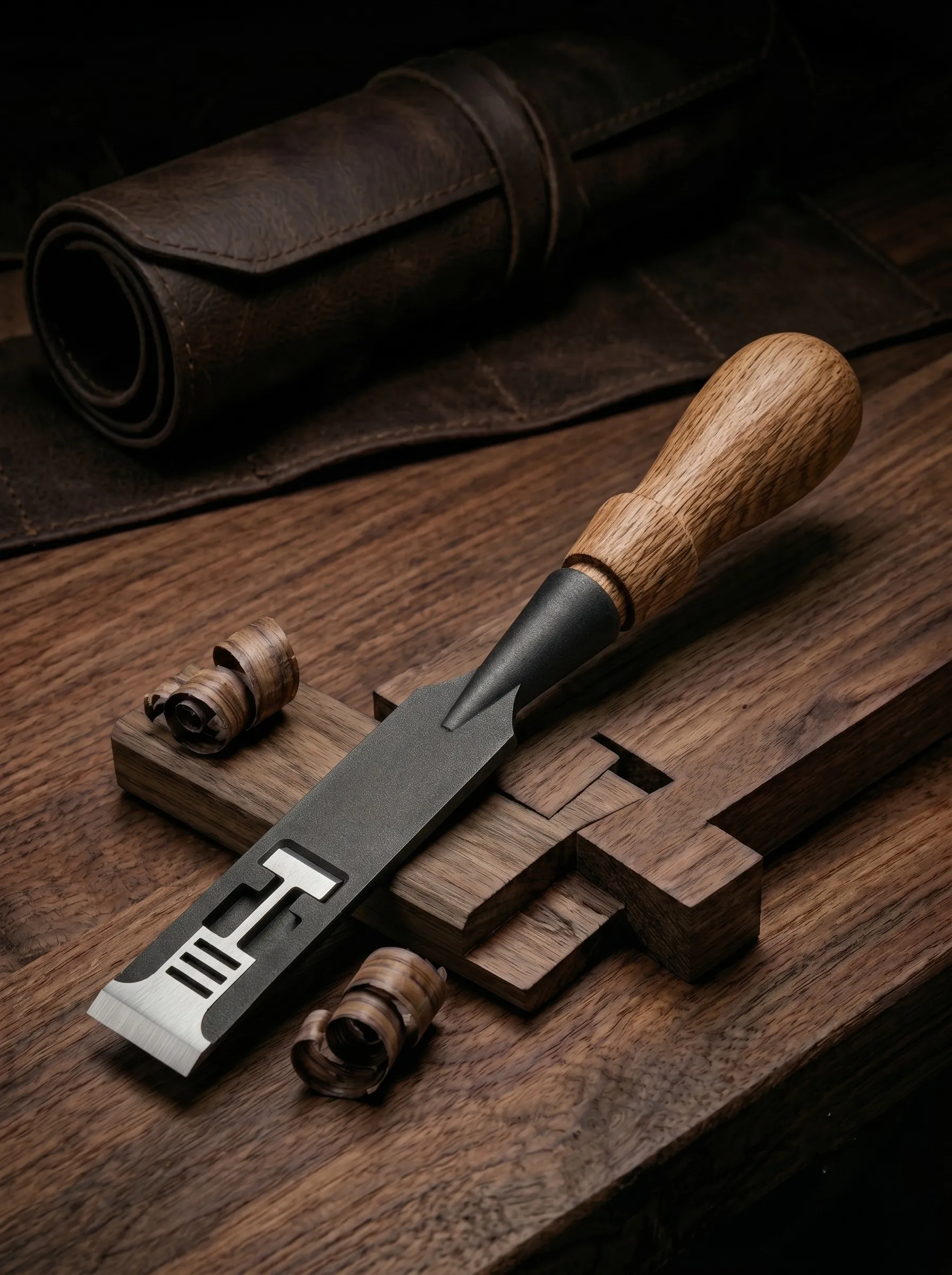 Hackett Edge Pro chisel resting on a walnut mortice joint with oak wood shavings