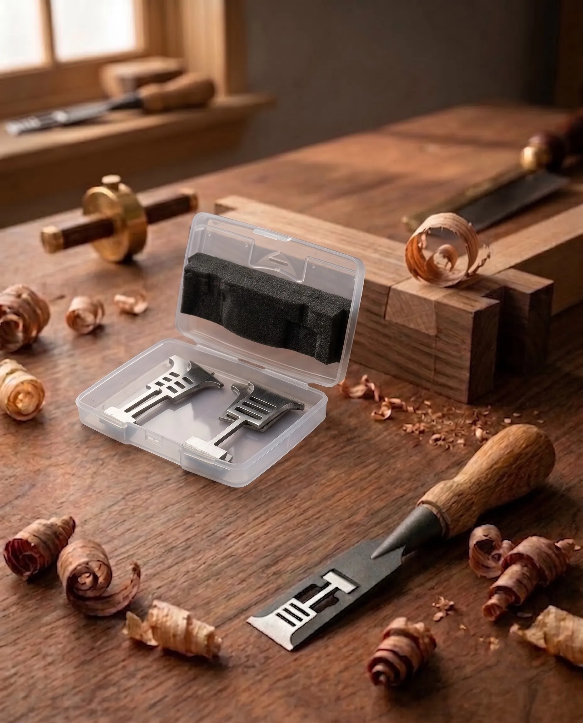 Hackett replacement tip cartridge box open on a workshop bench surrounded by wood shavings